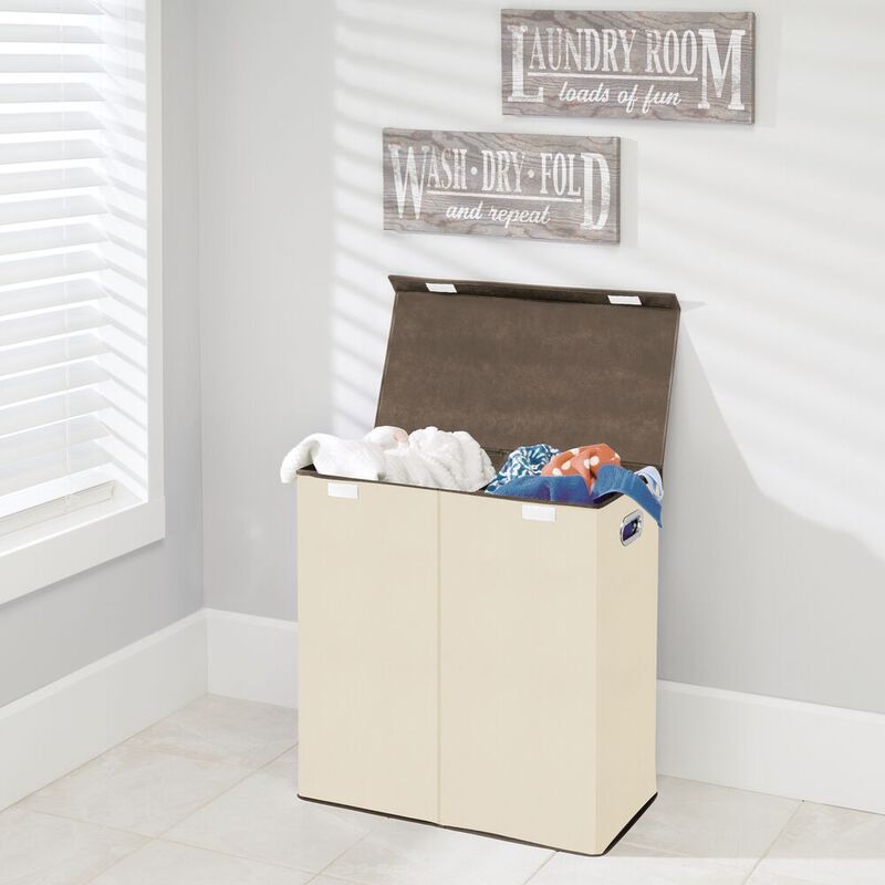 mDesign Divided Laundry Hamper Basket with Lid, Chrome Handles, Espresso Brown image number 3