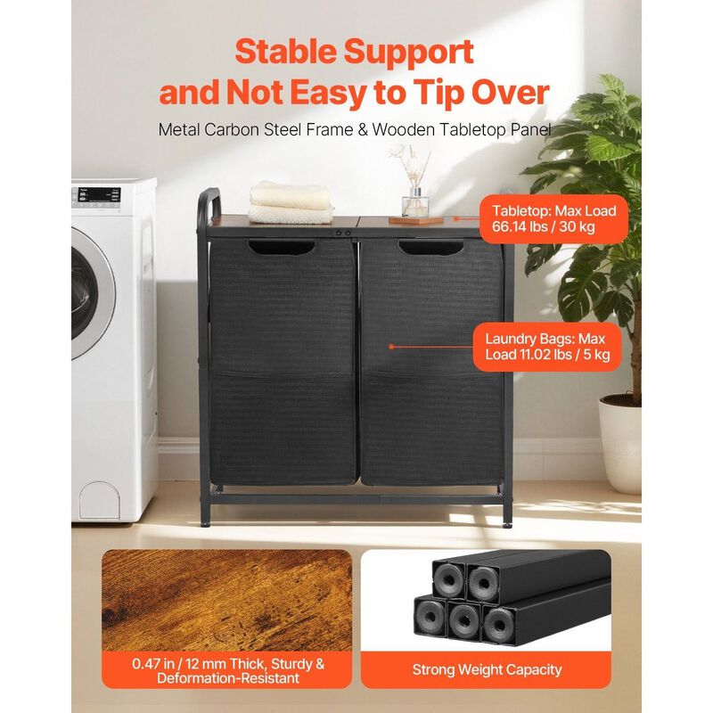 2 Compartment Laundry Sorter with Pull Out Oxford Bags, Freestanding Hamper with Shelf-Black image number 7