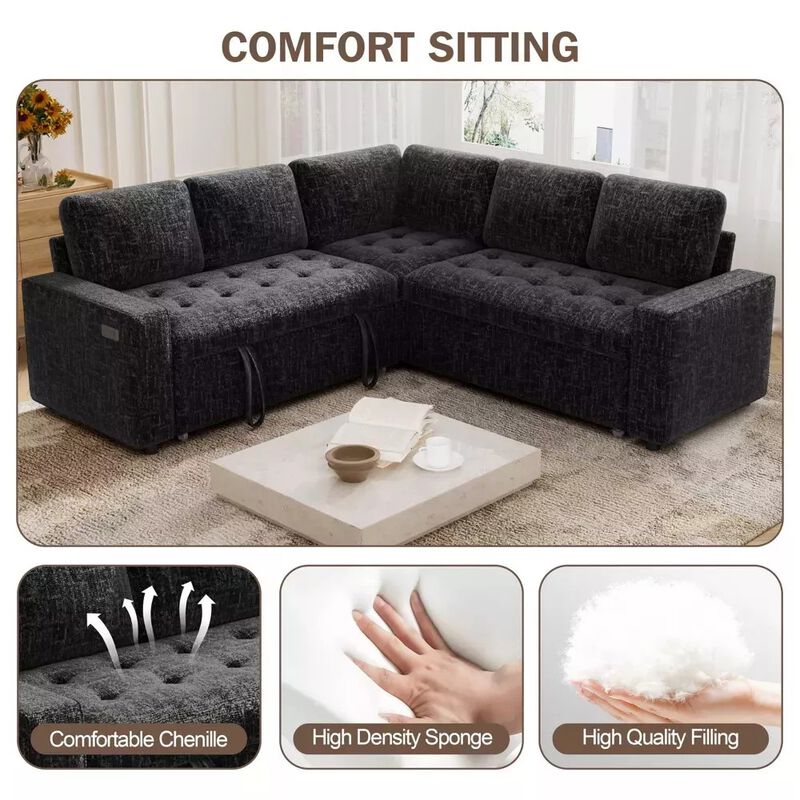 Vipbear 79" 5-Seat L-Shaped Sectional Sleeper Sofa Bed, Chenille Pull-Out Couch with Backrest image number 6