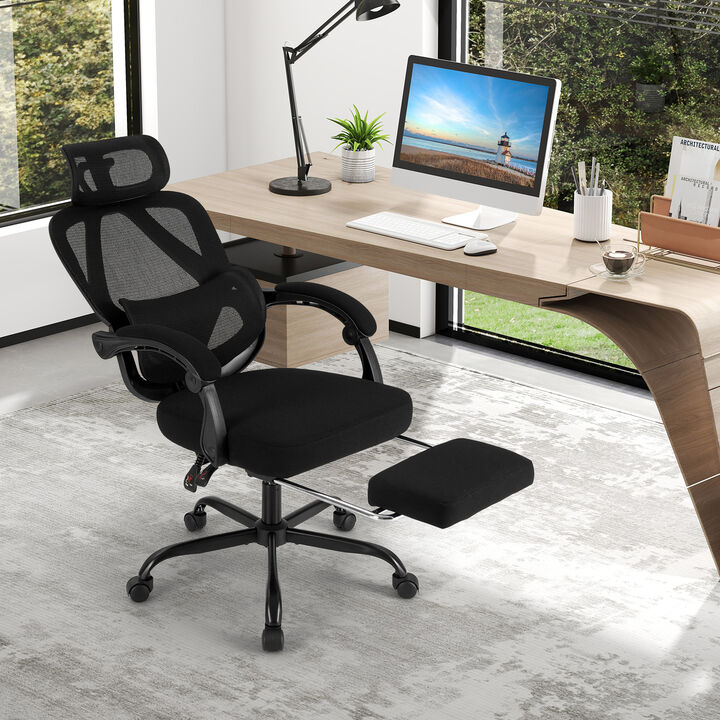Mesh Office Desk Chair with High Back Support and Retractable Footrest