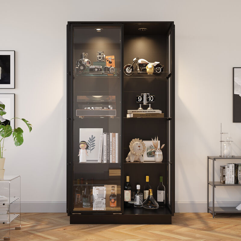 FUFU&GAGA Black Modern Bookshelf Tall Bookcase with 2 Glass Doors, Built-in Spotlights & Shelves for Office (39.4"W x 19.7"D x 75.2"H) image number 2