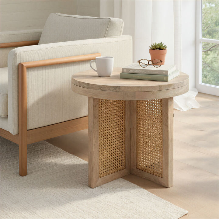 Mango Wood & Cane Round Side Table