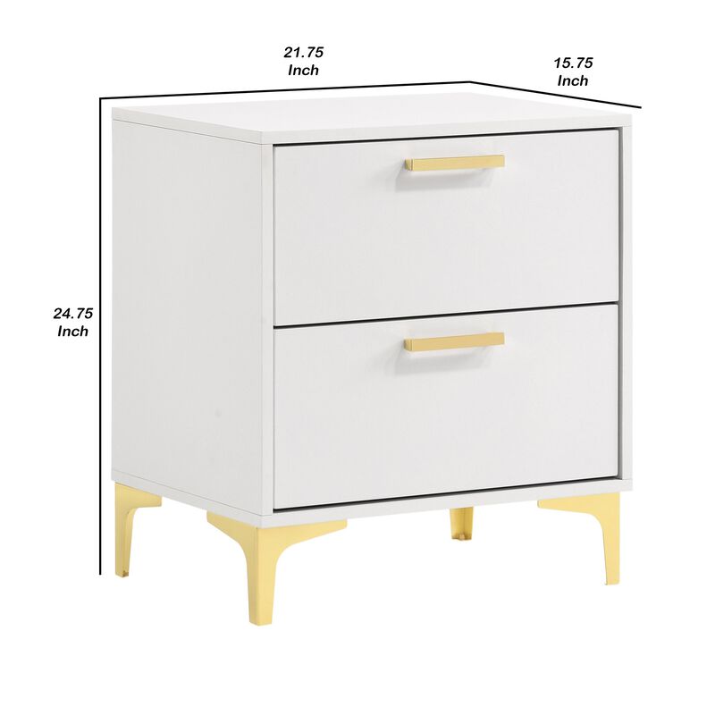 Lif 25 Inch Modern 2 Drawer Nightstand, Gold Metal Accents, Pure White - Benzara