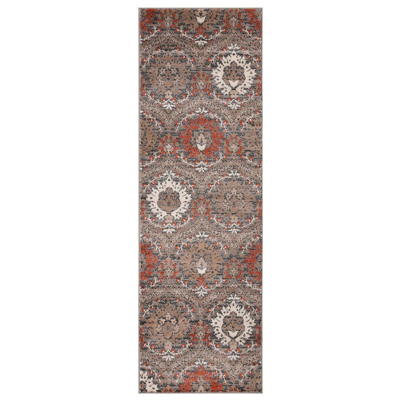 10' Rust And Gray Floral Stain Resistant Runner Rug image number 0