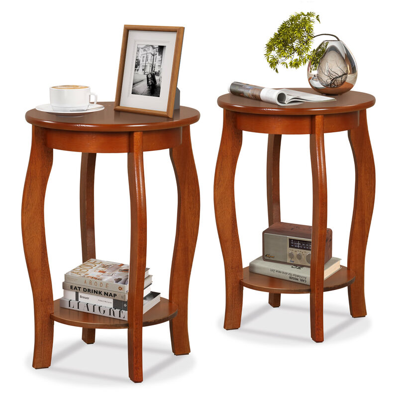 Set of 2 15 Inch 2-Tier Round End Table with Storage Shelf - Walnut image number 4