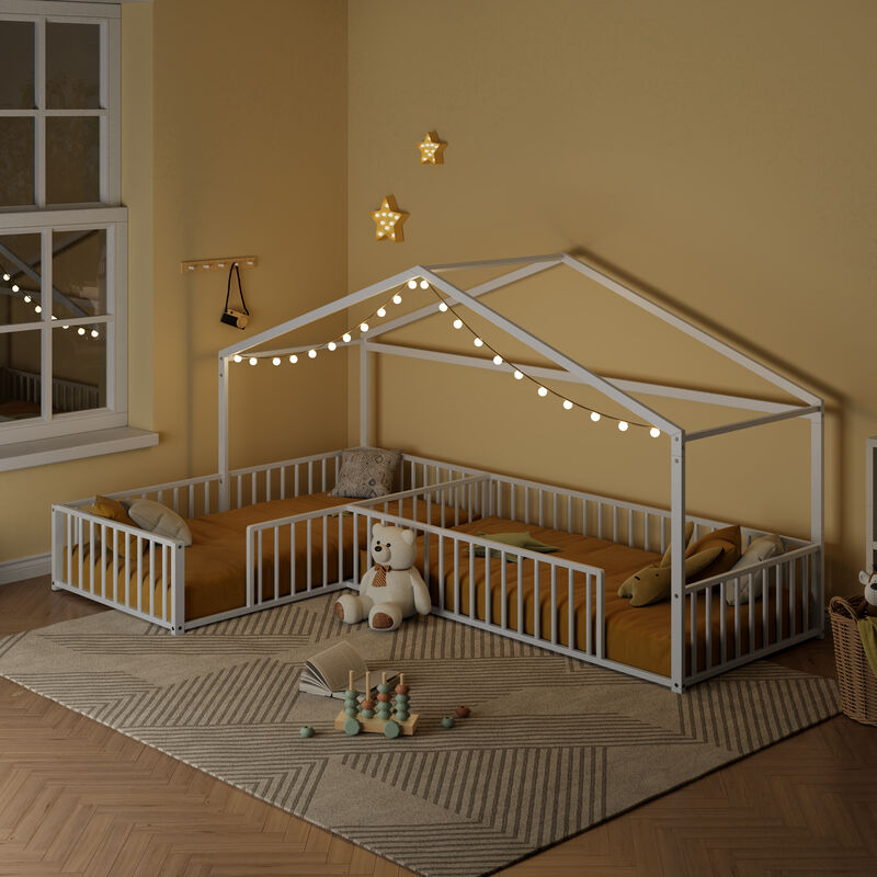 Merax Double Twin Size L-Shaped Montessori Bed, Metal Corner House Bed Frame with Fence image number 2