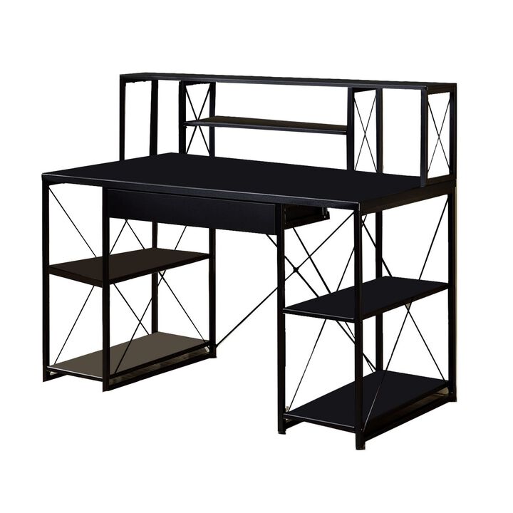 Industrial Style Desk with 4 Open Selves and Bookcase Hutch, Black- Benzara