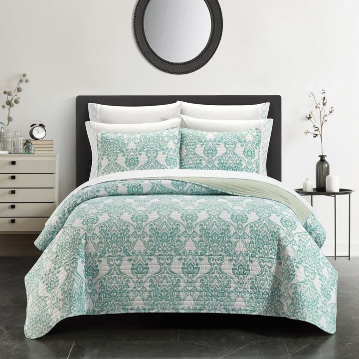 Chic Home Bassein Quilt Set Two Tone Medallion Pattern Print Bed In A Bag - Sheet Set Decorative Pillow Shams Included - 9 Piece - King 106x90", Sage Green