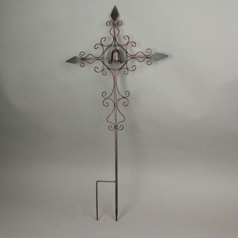 Set of 2 Aged Copper Finished Scroll Design Metal Garden Stakes With Wind Bells image number 3