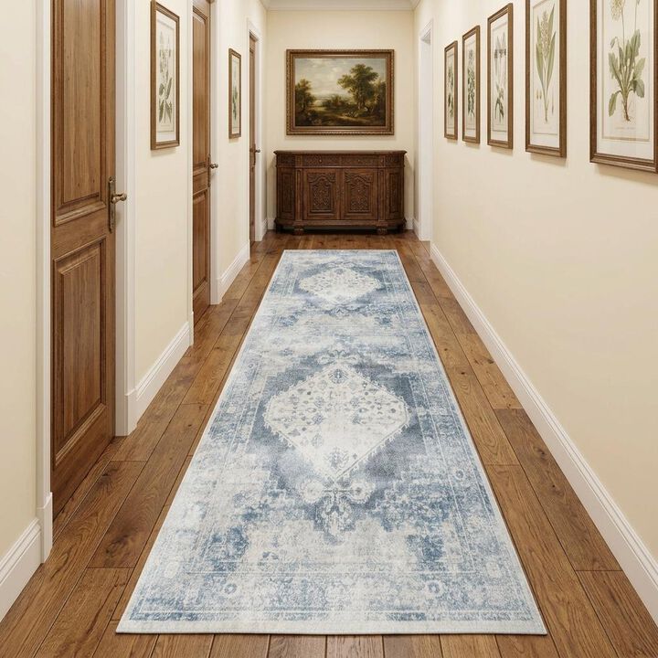 HomeRoots 12' Blue Oriental Power Loom Distressed Washable Runner Rug