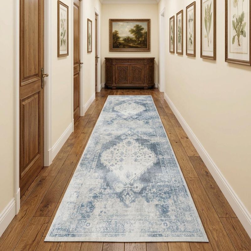 HomeRoots 12' Blue Oriental Power Loom Distressed Washable Runner Rug image number 1