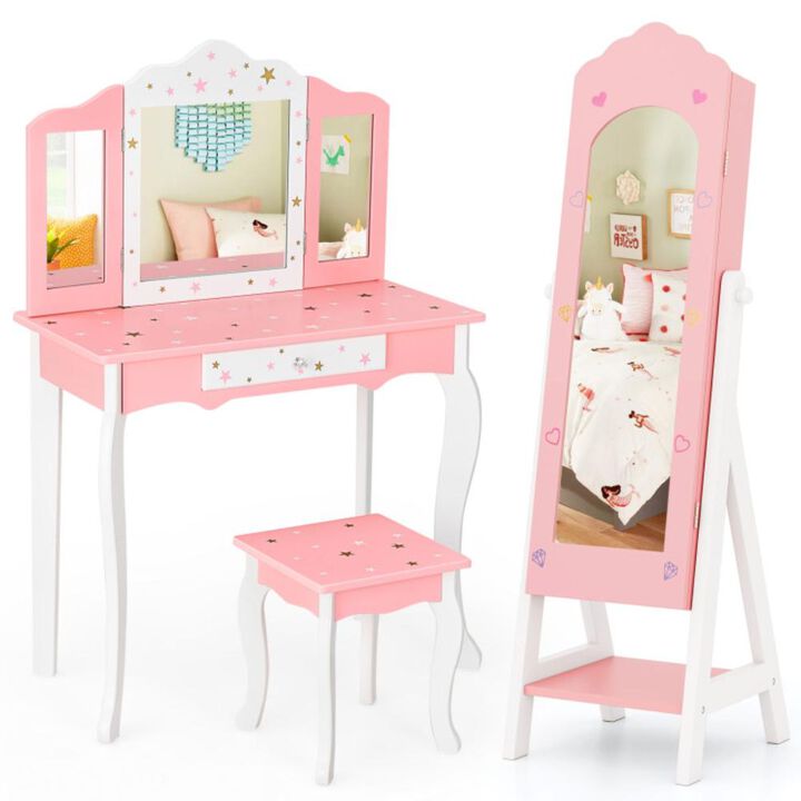Hivvago 2 Pieces Kids Vanity Set and Jewelry Armoire Cabinet with Full-length Mirror