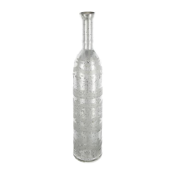 HomeRoots 25" Antiqued Silver Floral Glass Bottle Table Vase