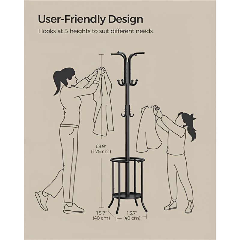 Freestanding Heavy Duty Coat Rack Metal Design with Umbrella Holder and Hooks