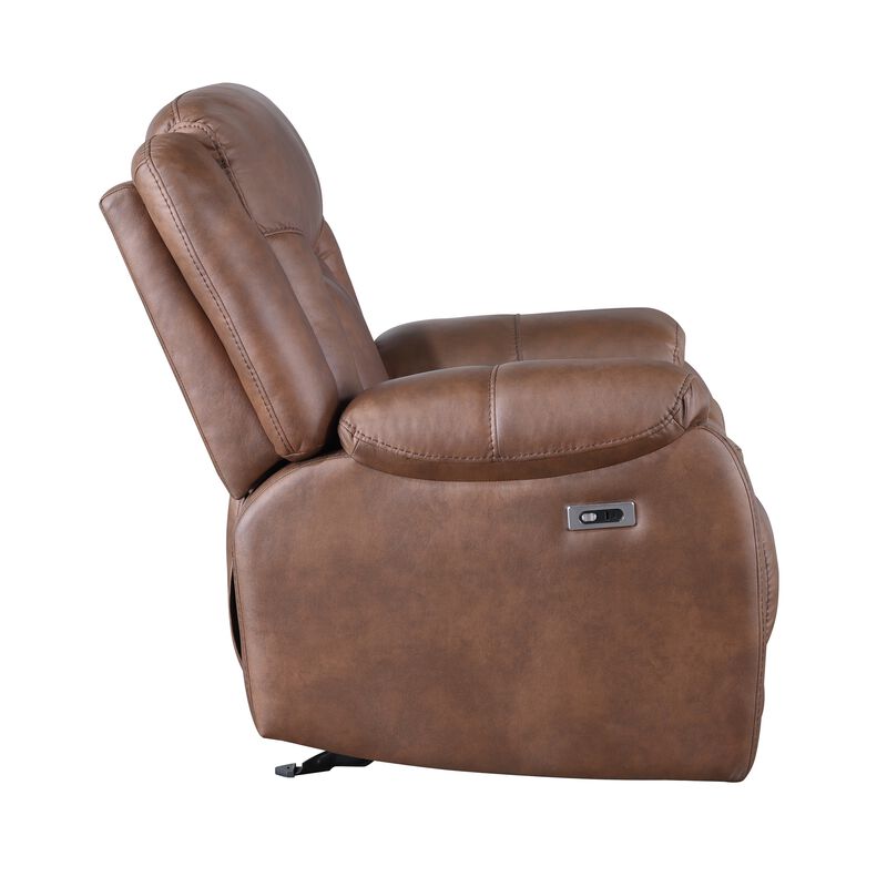 Olaf Power Recliner Chair, Chaise Footrest, Saddle Brown Faux Leather - Benzara image number 3