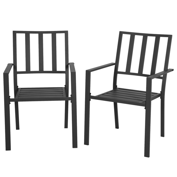 Outsunny Set of 2 Patio Dining Chairs, Stackable Outdoor Garden Bistro Chairs with Metal Slatted Seat & Backrest, for Yard, Garden, Black