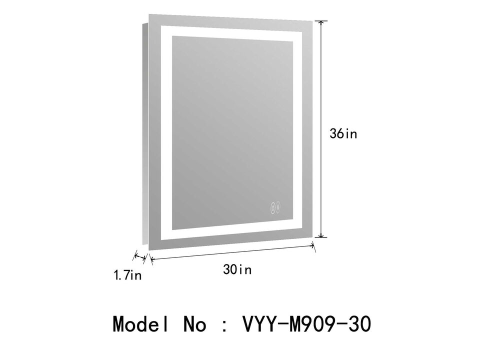 Superior 30 in. W x 36 in. H Rectangular Frameless Anti-Fog Wall Bathroom LED Vanity Mirror in Silver