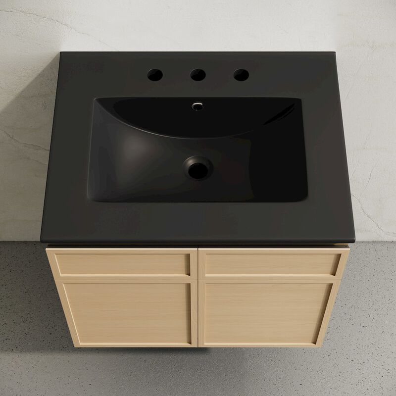 24" Wall-Mounted Bathroom Vanity in Natural Oak, Black 3-Hole Centerset Sink Top image number 2