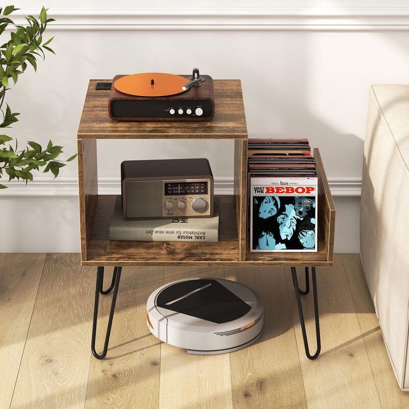 Mid-Century Record Player Stand with Power Outlet and Vinyl Storage Divider