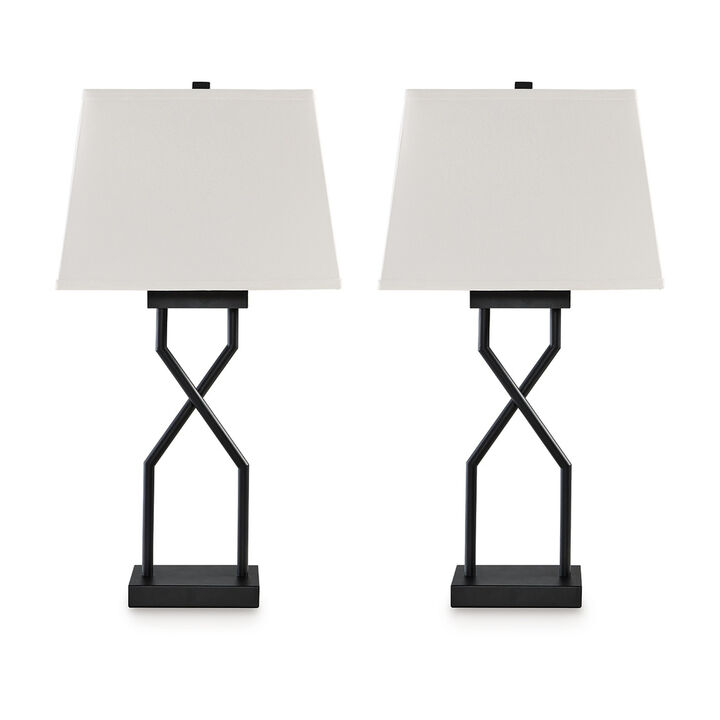 Table Lamp Set of 2, Empire Fabric Shade, Black Geometric Base w USB