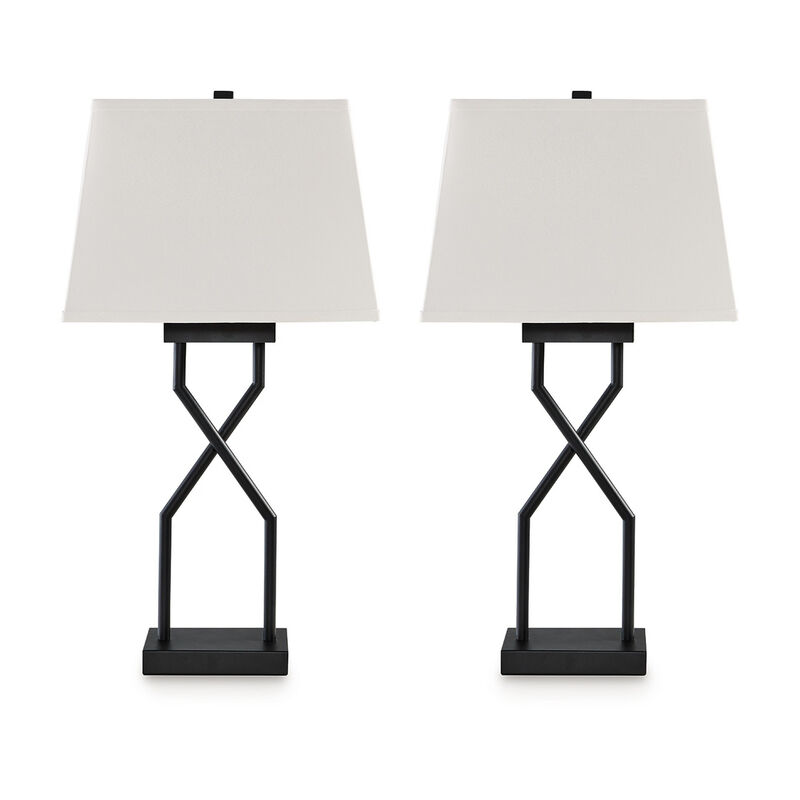 Table Lamp Set of 2, Empire Fabric Shade, Black Geometric Base w USB