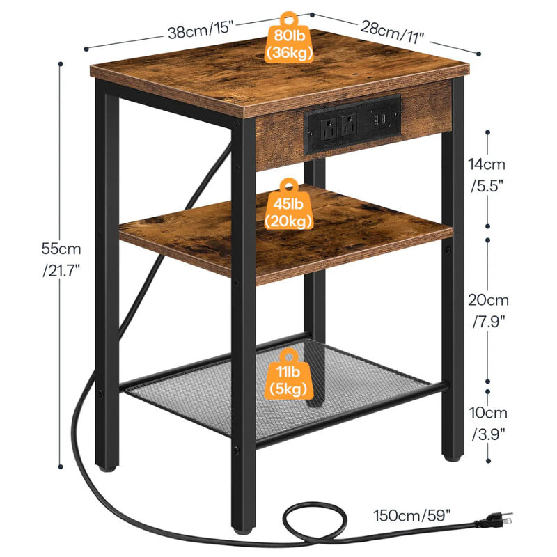 Modern 3 Tier Side Table with Charging Station, USB Port and Storage Shelves image number 2
