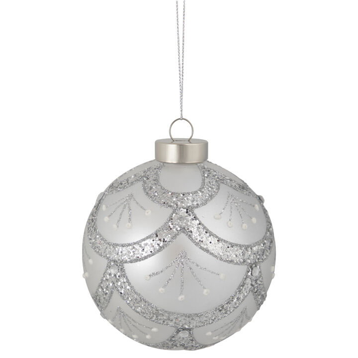 4" Glittered Cosmoid Silver Glass Christmas Ball Ornament