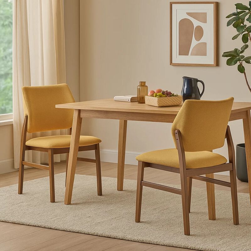Nory Dining Side Chair Set of 2, Yellow Linen Cushioned, Walnut Brown