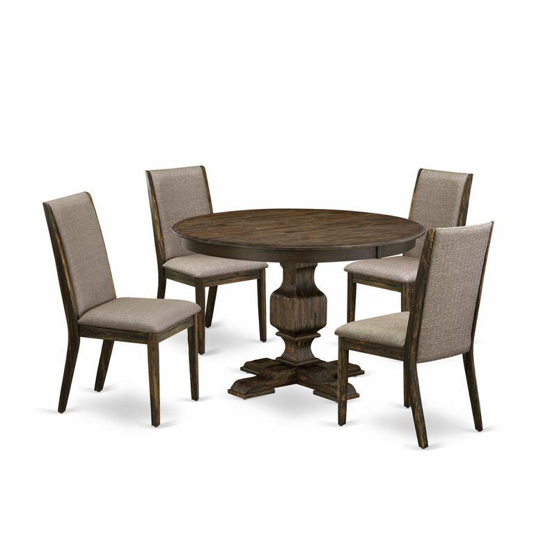 East West Furniture 5 Piece Modern Dining Set Consists of a Modern Kitchen Table and 4 Dark Khaki Linen Fabric Mid Century Modern Dining Chairs with High Back - Distressed Jacobean Finish