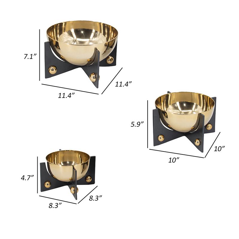 Set of 3 Aluminum Round Decorative Bowls, Gold Finish, Jet Black Stand - Benzara