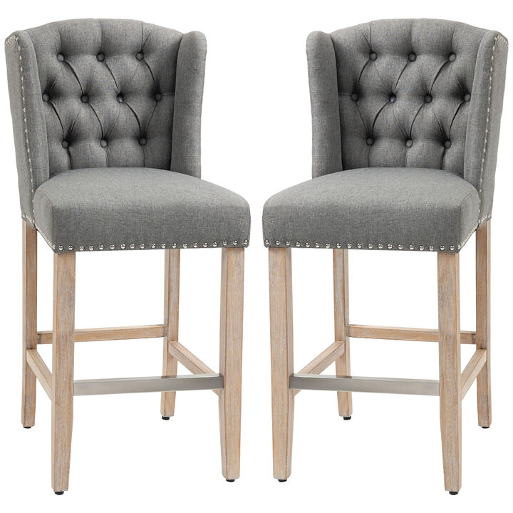 HOMCOM Counter Height Bar Stools Set of 2, Upholstered 26.75" Seat Height Barstools, Breakfast Chairs with Nailhead-Trim, Tufted Back and Wood Legs, Light Grey