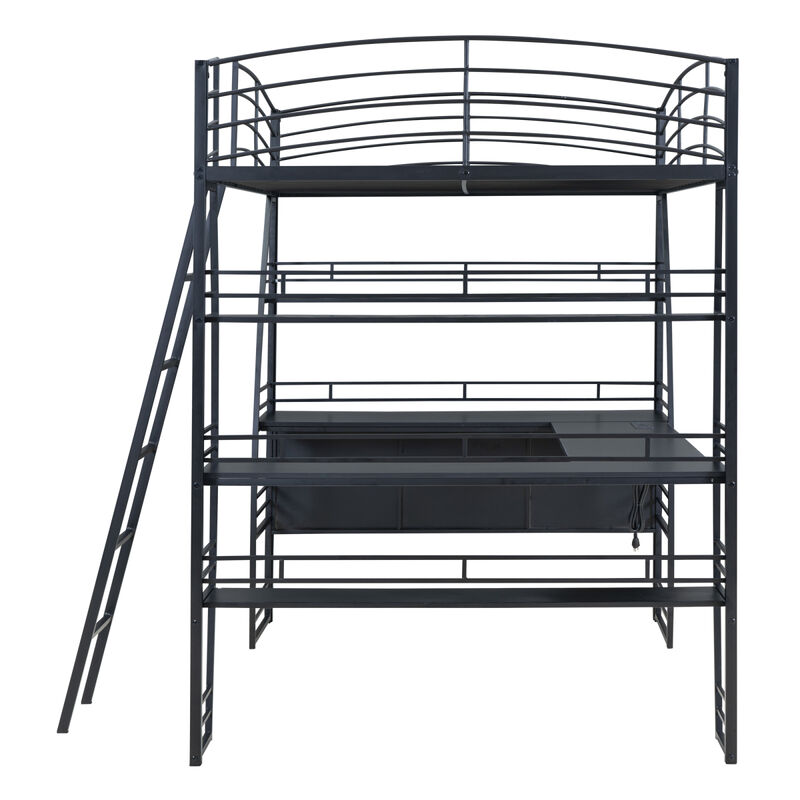 Full Size Loft Bed with 4 Layers of Shelves and L-shaped Desk, Stylish Metal Frame Bed with a set of Sockets, USB Ports and Wireless Charging, Black