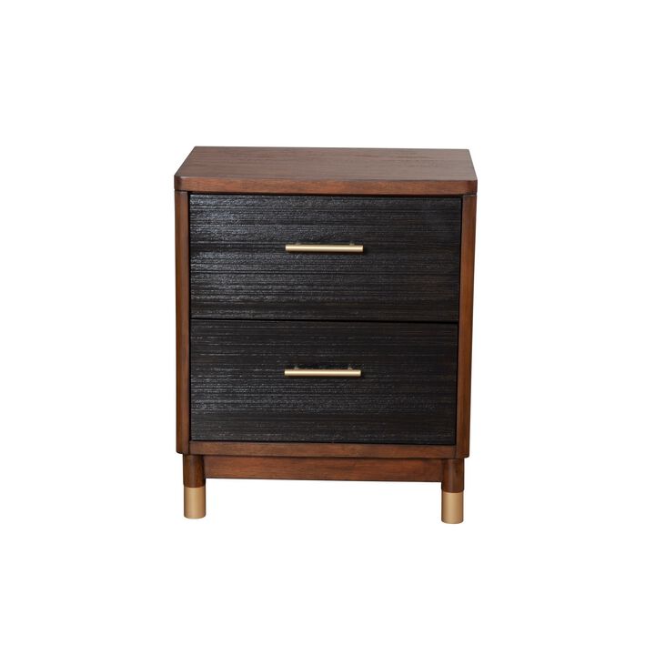 Nightstand with 2 Drawers and Round Legs, Brown and Black-Benzara