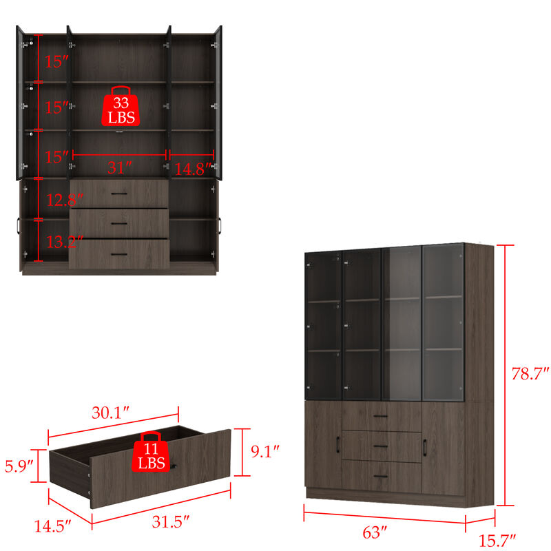 Brown Wood 63 in. W Display Cabinet With Pop up Tempered Glass Doors, 3-Color LED Lights, Drawers, Adjustable Shelves