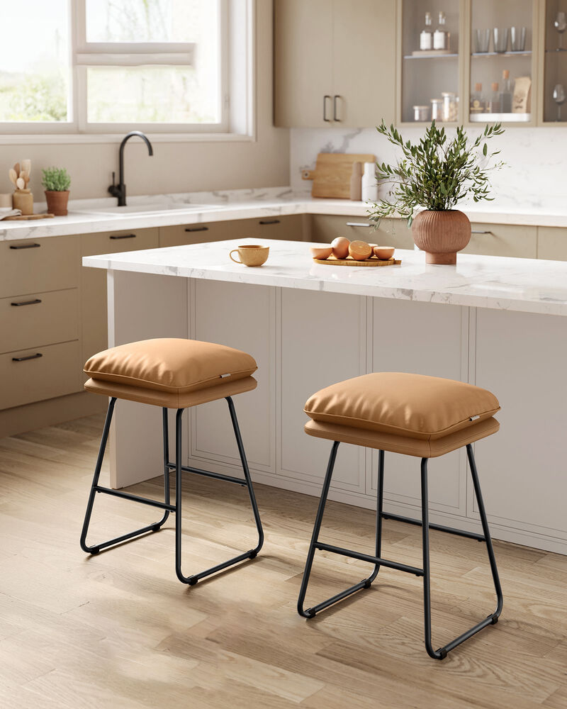 Caramel Brown Counter Stools Set of 2 Upholstered Sled Base image number 1