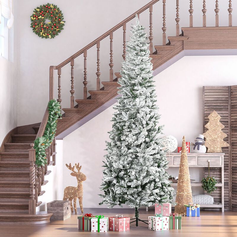 9ft Unlit Snow-Flocked Slim Pine Artificial Christmas Tree with Realistic Branches and 1084 Tips