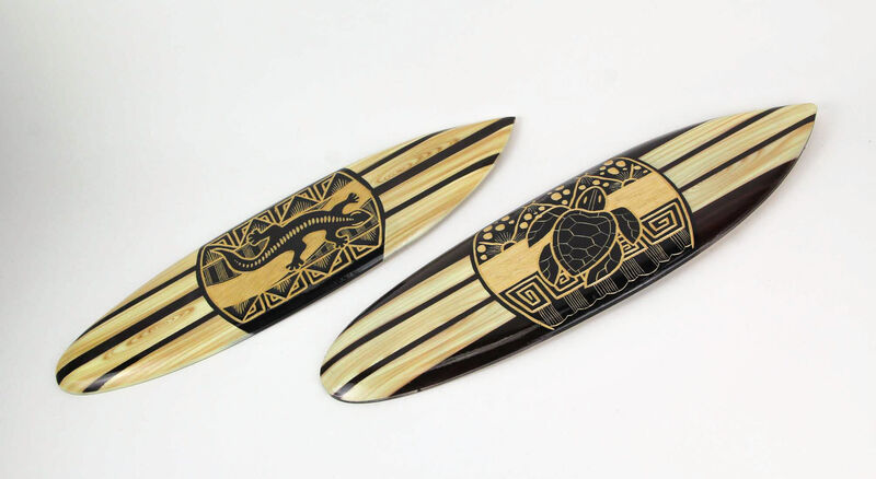 Set Of 2 Hand Carved Wood Surfboards Tiki Decor Lizard Turtle Wall Hanging Art image number 1