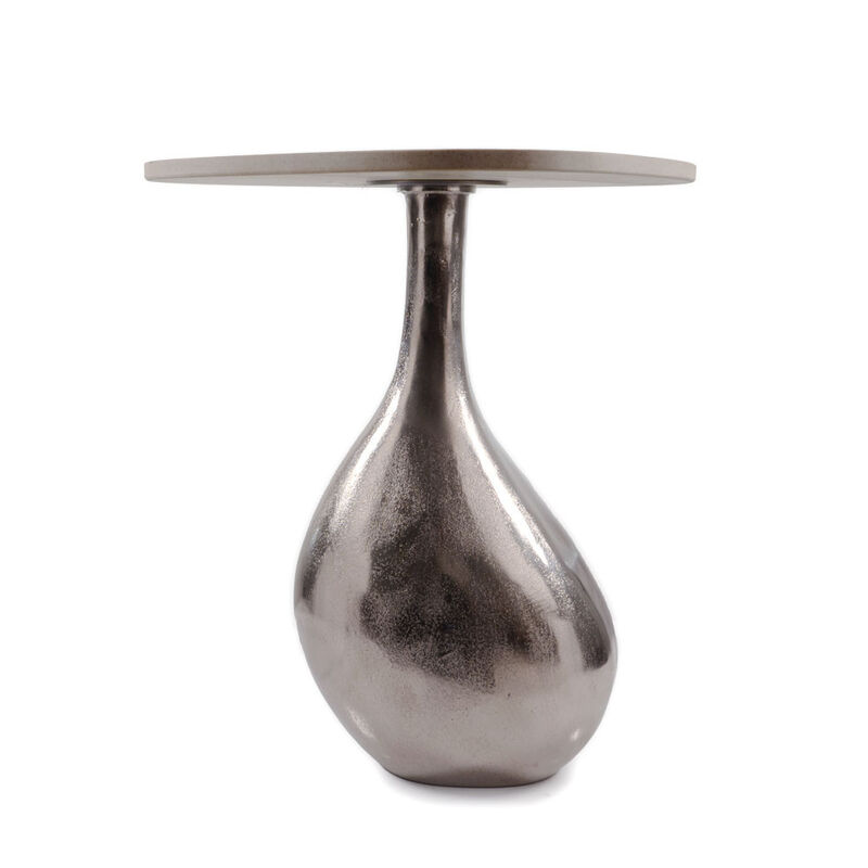 Hivvago 22 Inch Silver And Beige Cast Aluminum And Marble Pedestal End Table