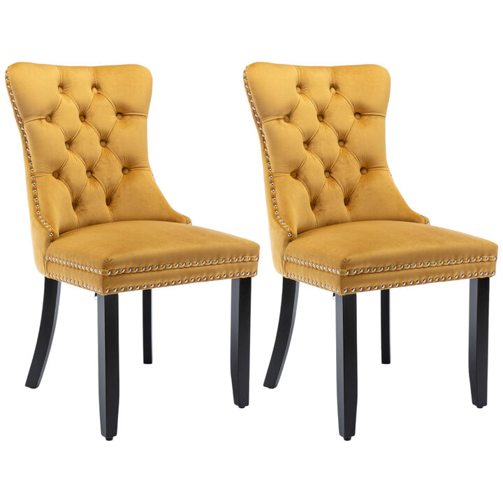 Set of 2 Tufted Velvet Dining Chairs, Legs, Nailhead Trim, Solid Wood Frame