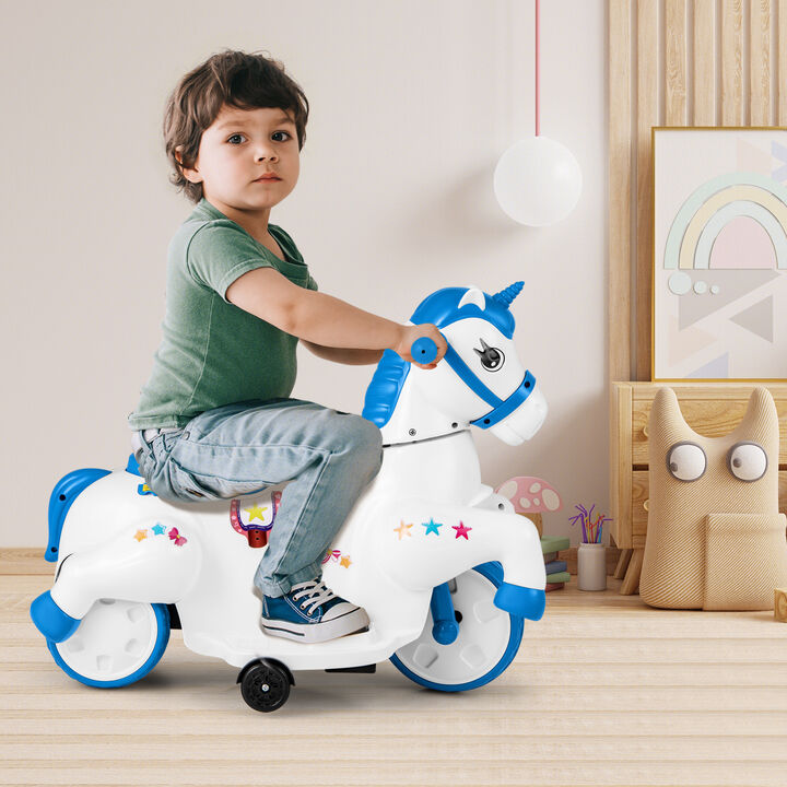 Kids 12V Ride On Unicorn Toy with Training Wheels and Horse Riding Design