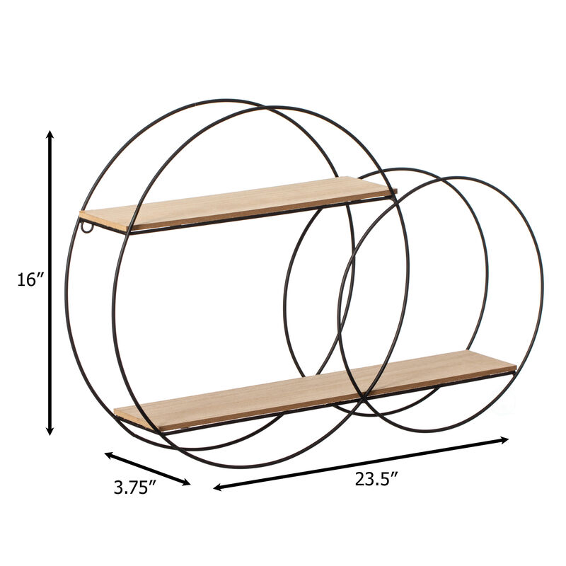 Vintiquewise Interlinked Round Wall-Mounted Shelf - Dual-Size Circular Design, Sturdy Metal Frame and 2-Tier Wooden Shelves for Modern Decor, Home Organization and Practical Storage Solutions, Black