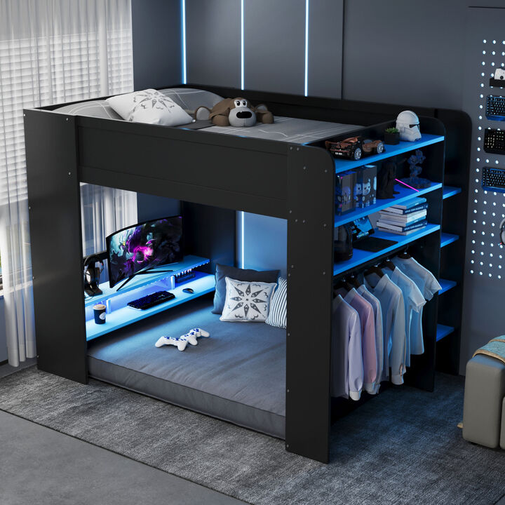 Merax Full Size Gamer Bunk Bed with Desk, Storage Wardrobe