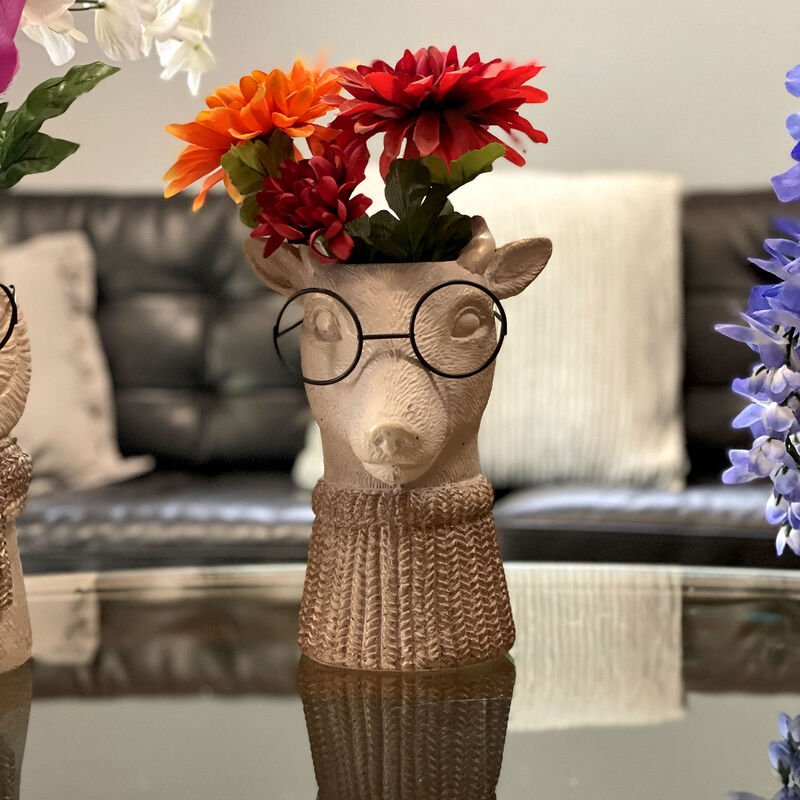 Bespectacled Deer Cement Vase 8.7" Gold Accents Knit Scarf Real Wire Glasses image number 7
