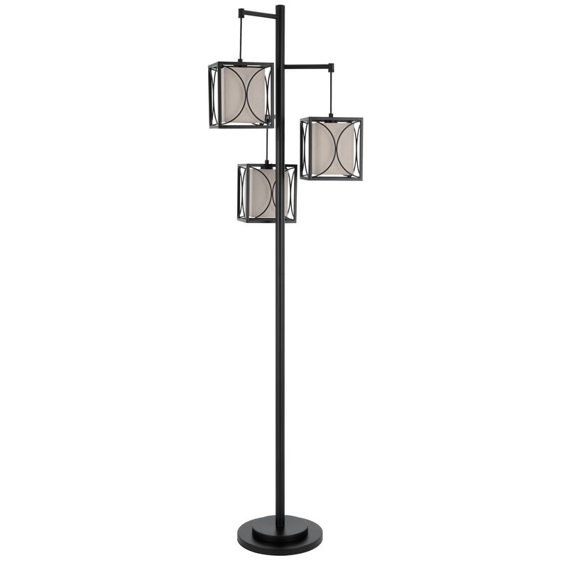 Lany 73 Inch Floor Lamp, 3 Hanging Lantern Style Shades, Black Iron - Benzara