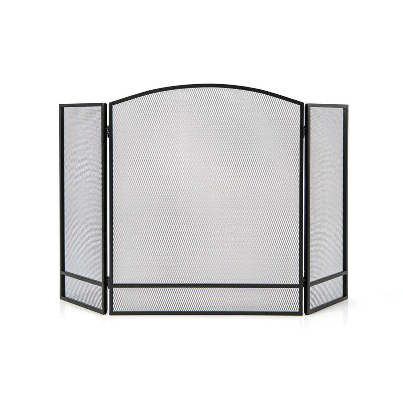 3-Panel Foldable Fireplace Screen with Wrought Metal Mesh-Black image number 0