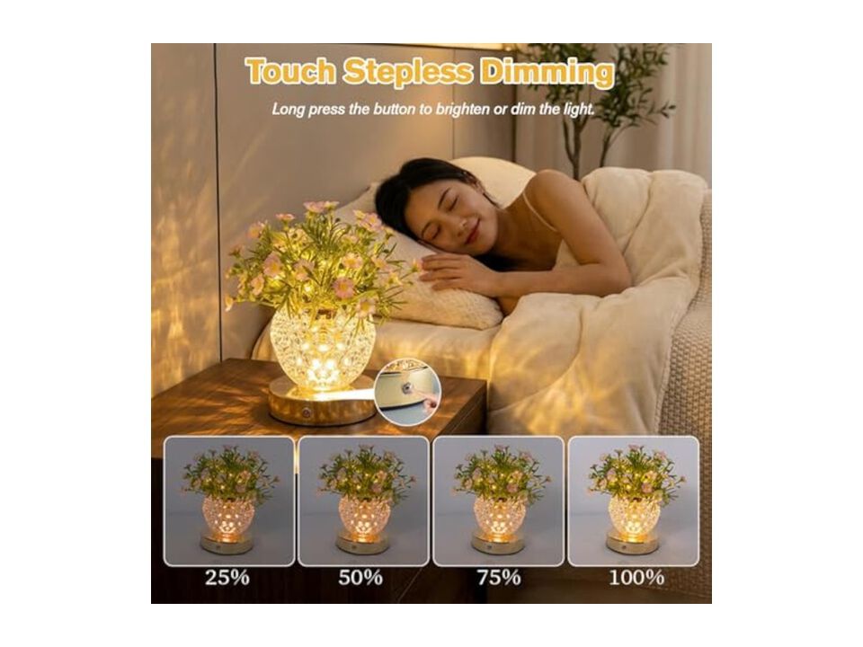Rechargeable LED Table Lamp Night Light Pink Flower 3 Touch Dimming