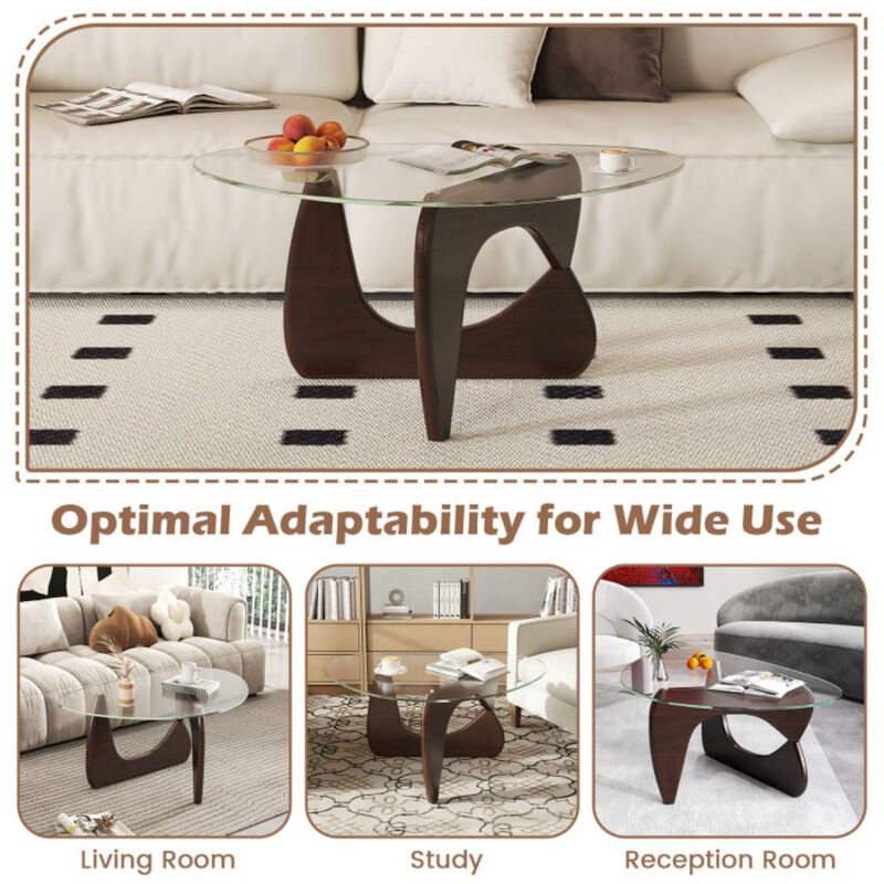 Hivvago Triangle Coffee Table with Tempered Glass Top and Adjustable Rubber Wood Base