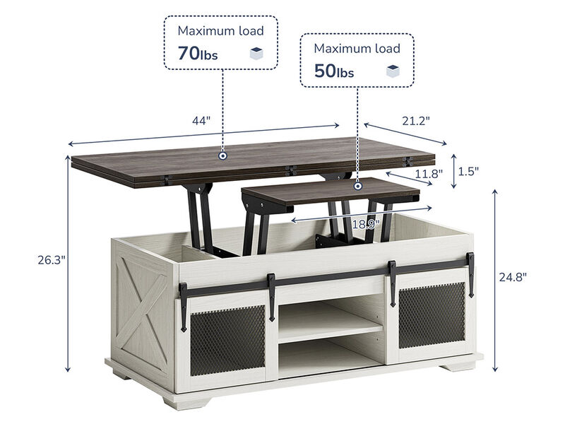 BELLEZE Lift Top Coffee Table, 44" Farmhouse Coffee Table with Storage & Sliding Barn Doors, 3 in 1 Multi-Function Coffee Table for Living Room, Dining Reception Room, Lawson - White Sand