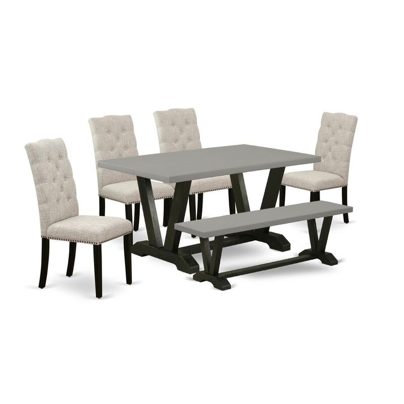 East West Furniture 6-Pc Dining Set-Doeskin Linen Fabric Seat and Button Tufted Chair Back Parson chairs, A Rectangular Bench and Rectangular Top Dining room Table with Hardwood Legs - Cement and Wire
