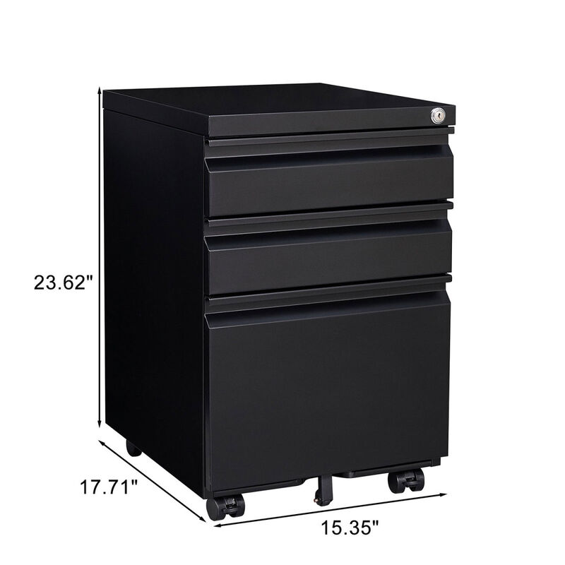 3-Drawer Mobile File Cabinet with Lock, Office Storage Filing Cabinet for Legal/Letter Size, Pre-Assembled Metal File Cabinet Except Wheels Under Desk(Black)